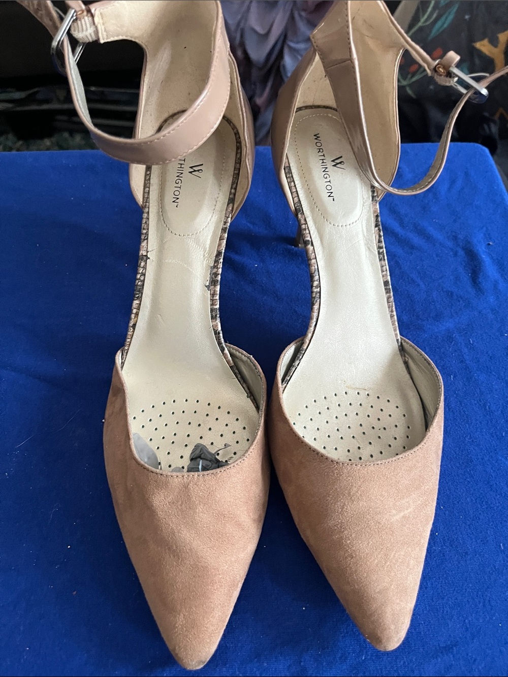 Worthington Blush-Tan Suede Pointed-Toe Ankle Strap Heels